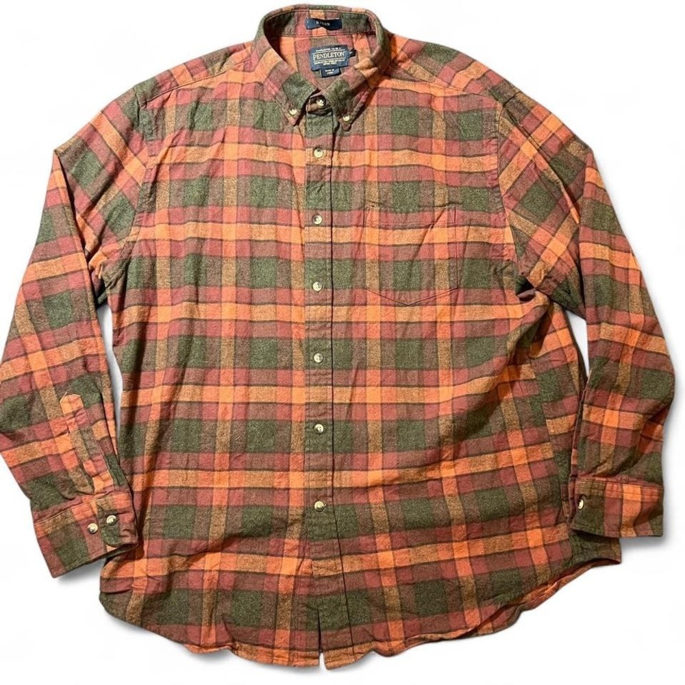 Pendleton Mason 100% cotton Brown and orange plaid flannel button-up shirt XL
